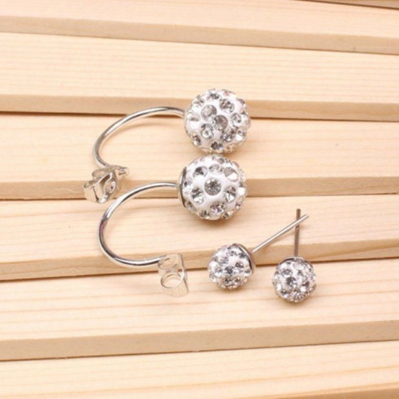 Silver Double Beaded Rhinestone Stud Earrings - Picture 5 of 6